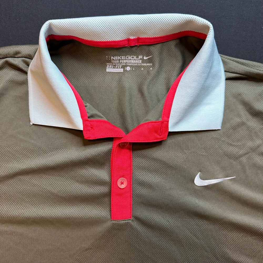 Nike Golf Tour Performance Dri-FIT Polo Shirt Mens Large Olive Green Red White
